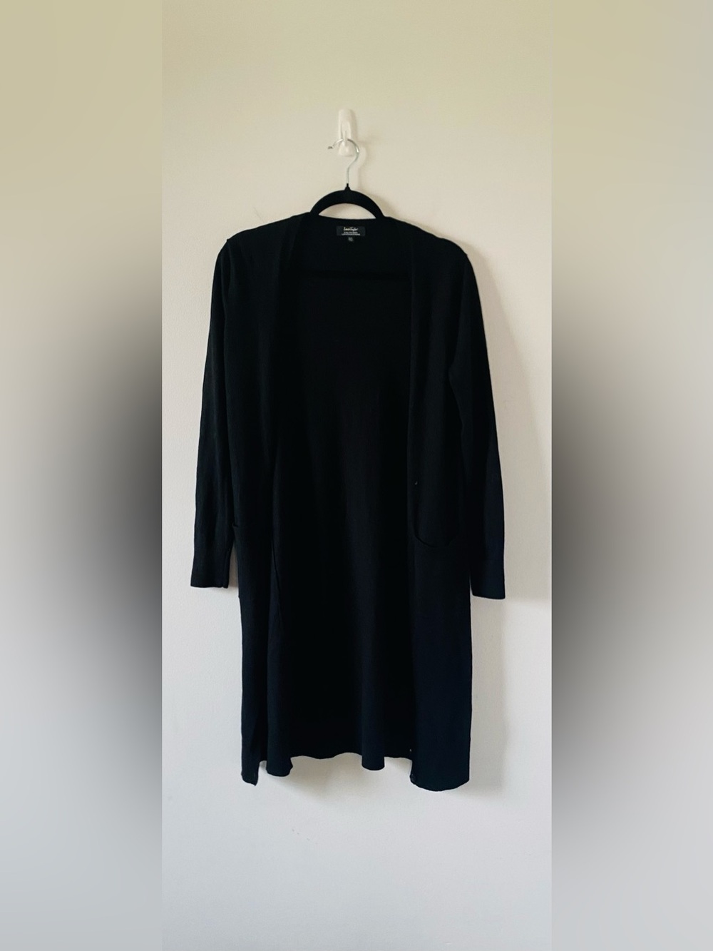 Lord & Taylor 100% Extra Fine Merino Wool Black Long Duster Cardigan Sweater - M